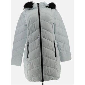 Laurier Stretch Quilted Coat Removable Faux Fur Trim Hood Silver Large